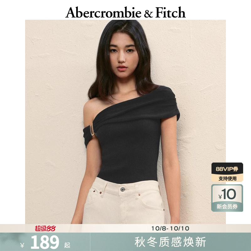 AF女装25秋季新款美式设计感金属扣一字肩露肩针织T恤150-5299