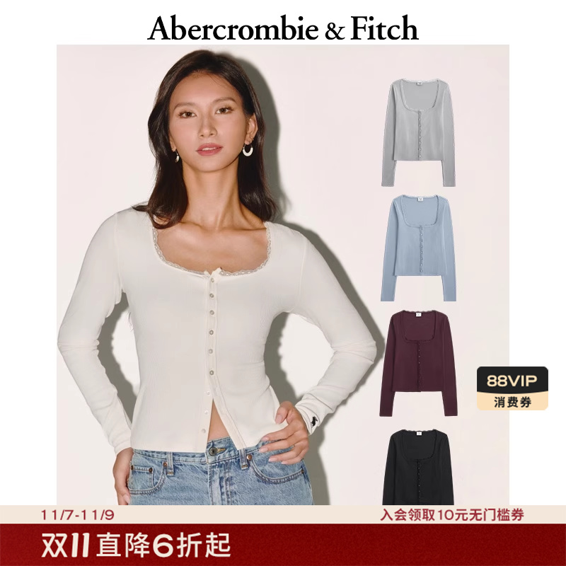 【方领罗纹T】AF小麋鹿图案女装25秋季新款修身长袖T恤139-5708