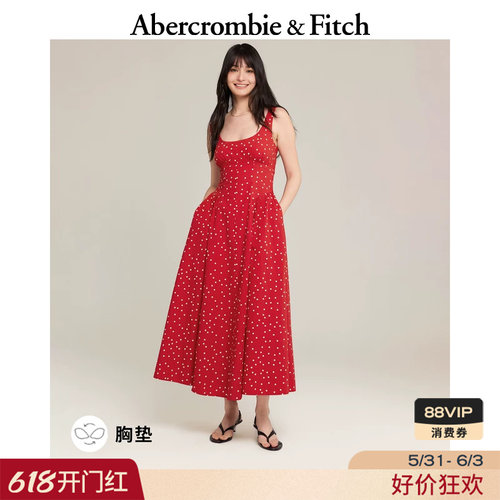 AF棉质红色波点带胸垫吊带连衣裙