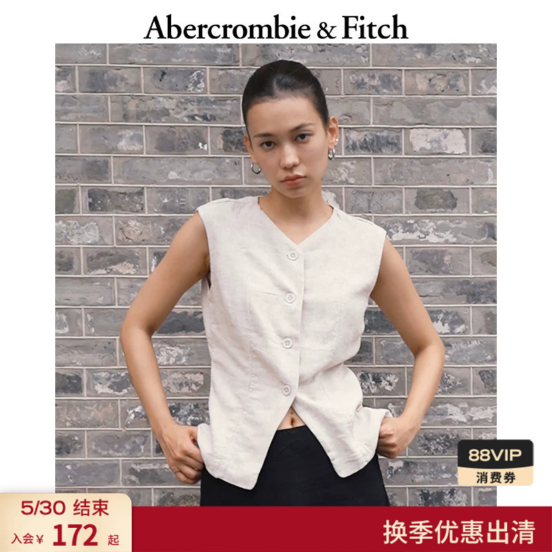 AF美式复古气质亚麻混纺纽扣式V领马甲上衣25秋季女装140-5