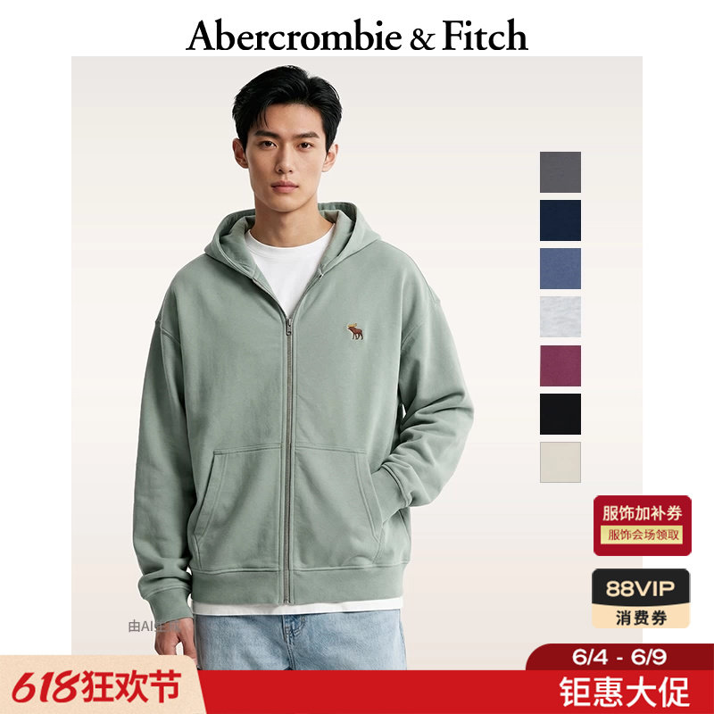 AF经典小麋鹿图案美式复古毛圈布连帽卫衣外套26春男装122-6183