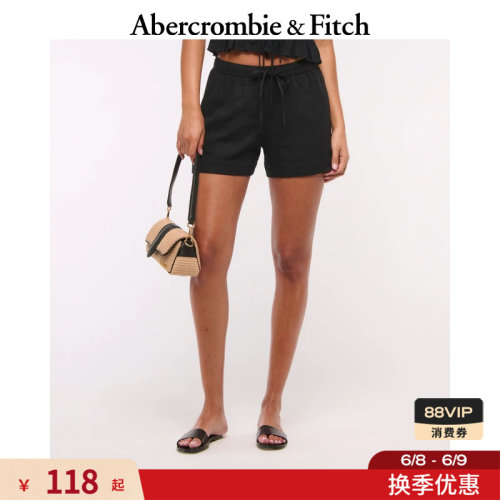 亚麻混纺松紧腰休闲短裤