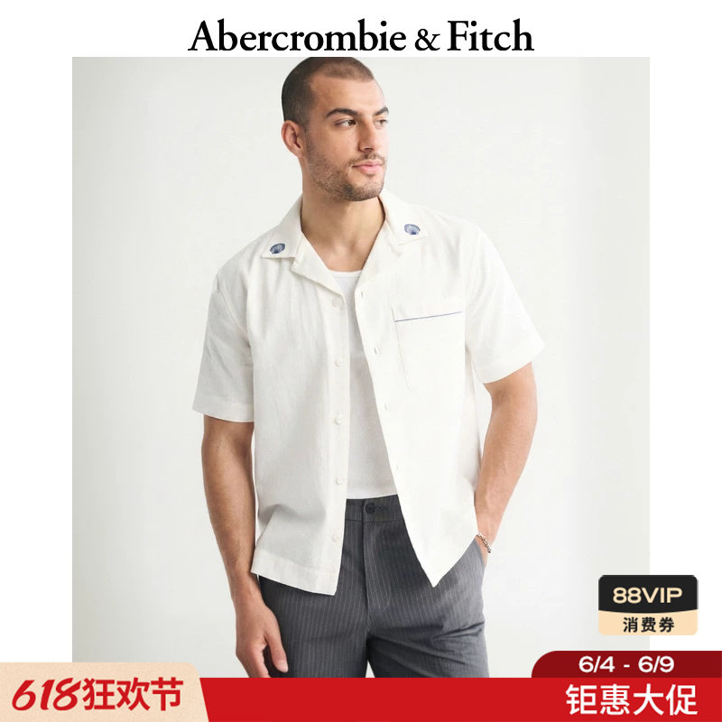 AF美式度假老钱风棉麻混纺白色刺绣短袖衬衫26春男装125-6064