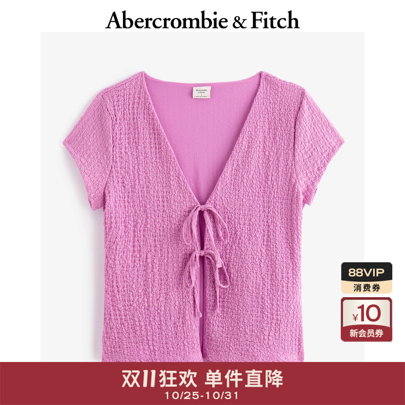 【泡泡纱V领】AF女装25夏季辣妹百搭系绳V领短袖上衣139-5428