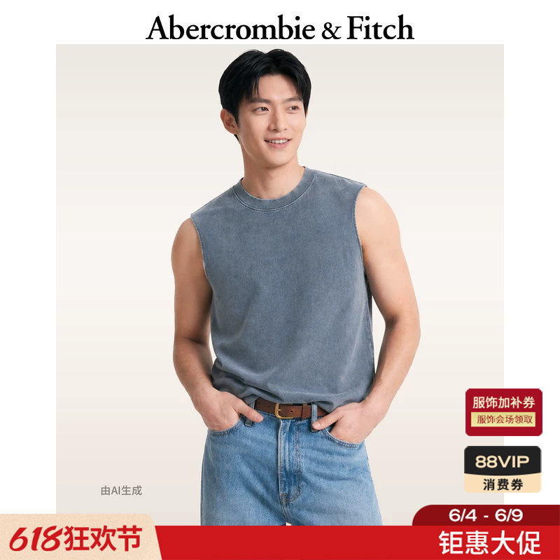 AF美式复古纯棉重磅蓝色多色无袖背心T恤26夏男装124-6258