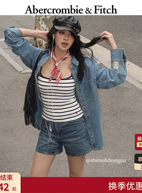 AF美式复古经典轻薄亚麻牛仔混纺长袖衬衫26春夏女装140-6182