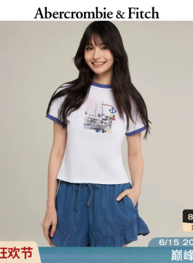 AF美式复古航海风图案白色撞色纯棉短袖T恤26夏女装157-6093