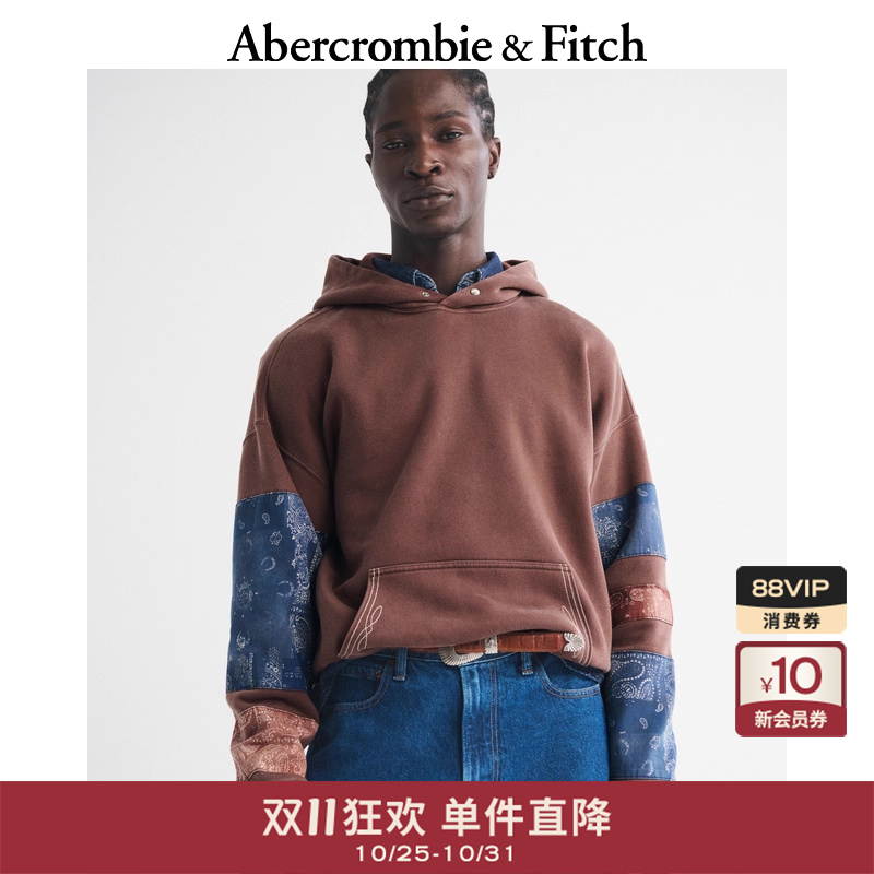 AF男装25秋冬新款美式拼接宽松落肩袖套头连帽卫衣122-5575