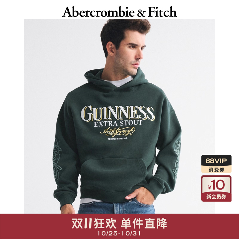 AF男装25秋冬新款百搭宽松抓绒吉尼斯图案套头连帽卫衣122-5719