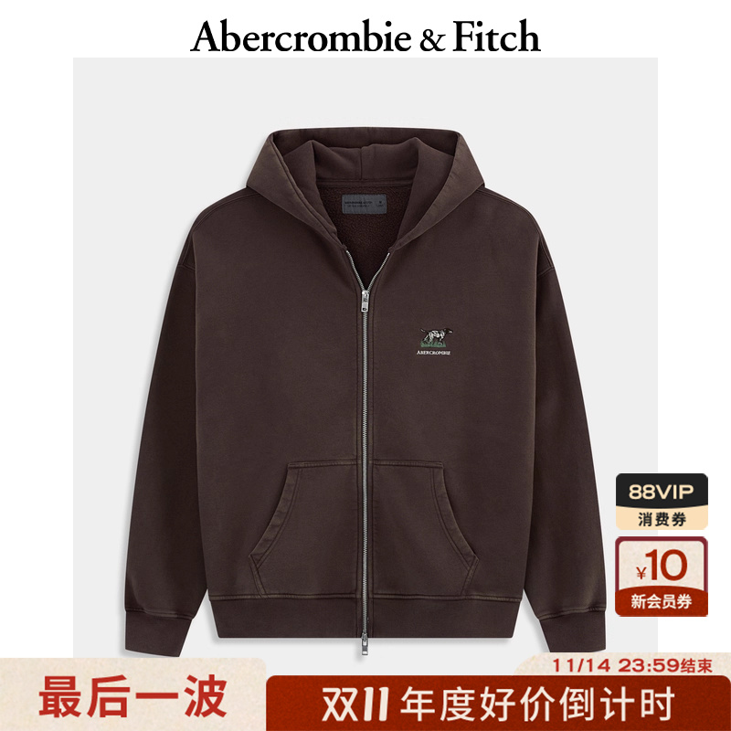 AF男装25秋冬新款美式保暖抓绒LOGO双头拉链连帽卫衣外套122-5668