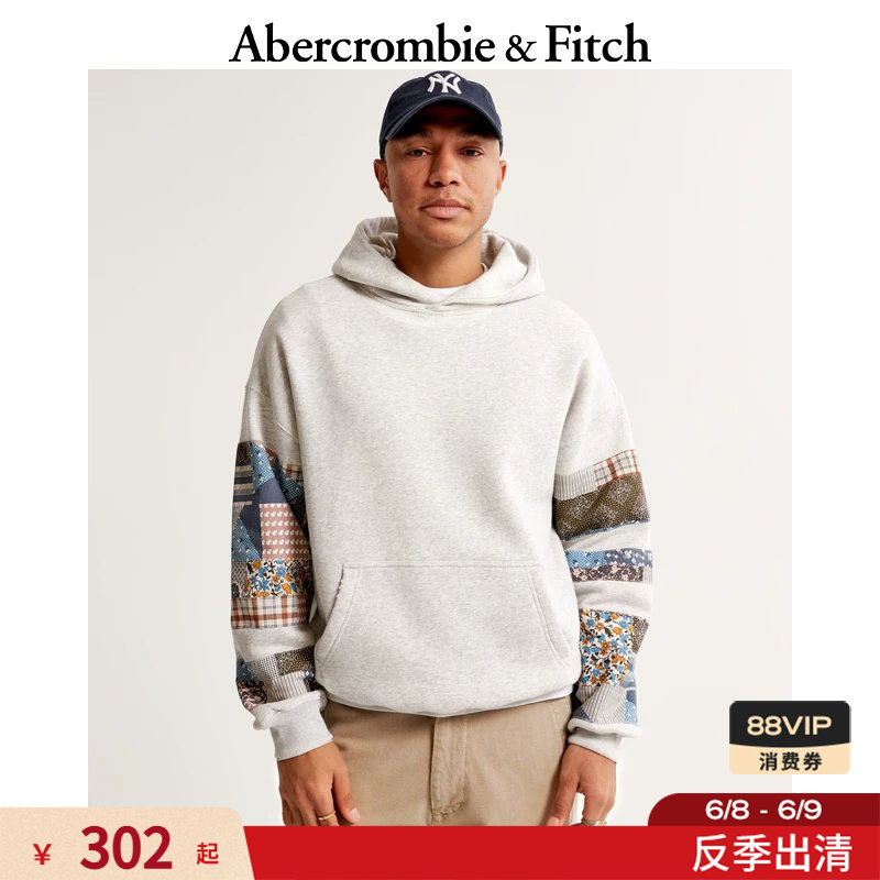 AF美式抓绒拼接设计感落肩袖连帽卫衣上衣25冬季男装122-4267