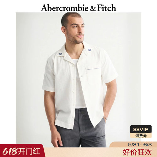 AF美式度假老钱风棉麻混纺白色刺绣短袖衬衫26春男装125-6064