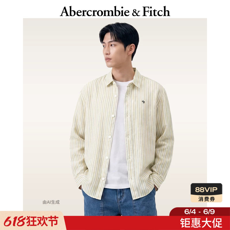 AF经典小麋鹿图案美式舒适条纹亚麻衬衫26夏新款男装125-6124
