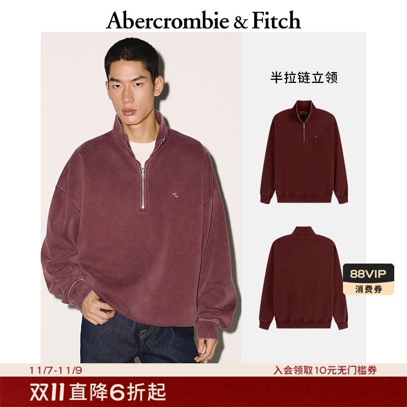 AF经典小麋鹿图案男装25秋冬新款抓绒半拉链立领套头卫衣122-5661