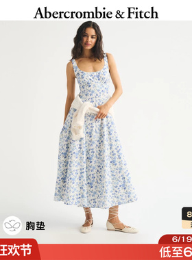 AF美式收腰棉质蓝色碎花带胸垫吊带连衣裙26夏女装159-7033