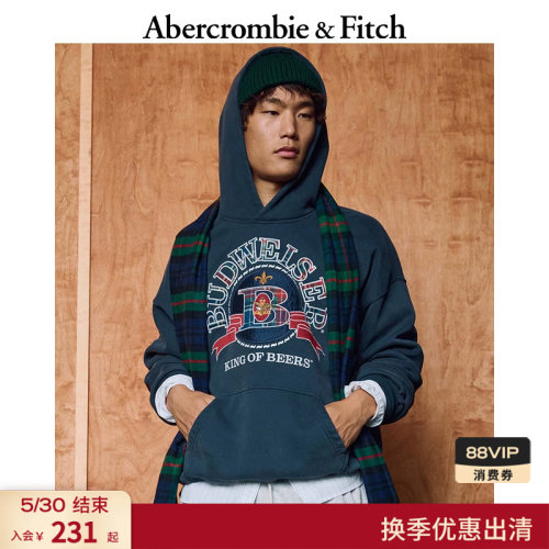 AF美式复古时尚百威图案抓绒连帽黑色卫衣25秋冬男装122-5649