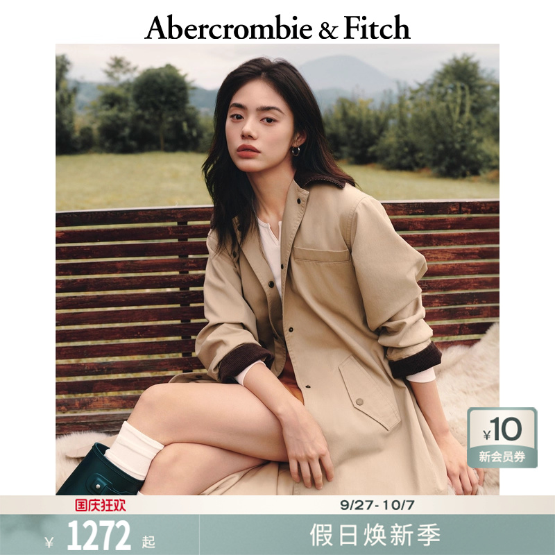 AF女装25秋冬新款巴恩风灯芯绒翻领配腰带长款风衣外套144-5195