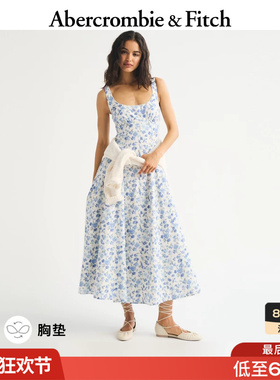 AF美式收腰棉质蓝色碎花带胸垫吊带连衣裙26夏女装159-7033