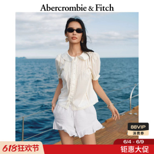 AF度假风棉质娃娃领泡泡袖镂空短袖衬衫26春夏女装140-6329
