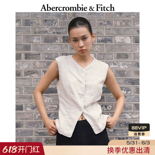 AF美式复古气质亚麻混纺纽扣式V领马甲上衣25秋季女装140-5306