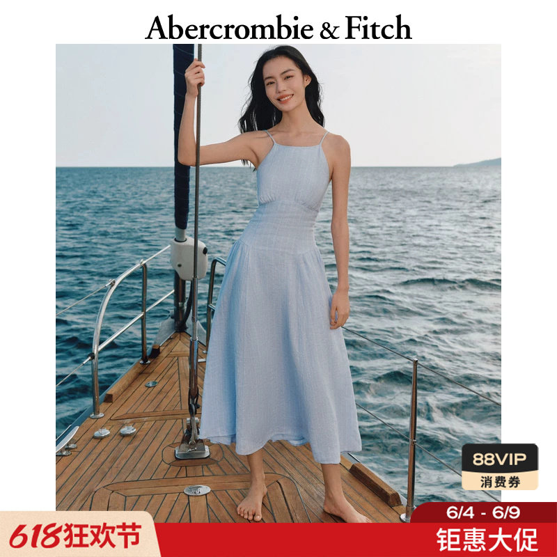 AF度假风白色多色亚麻收腰露背吊带连衣长裙26夏新款女装159-7422