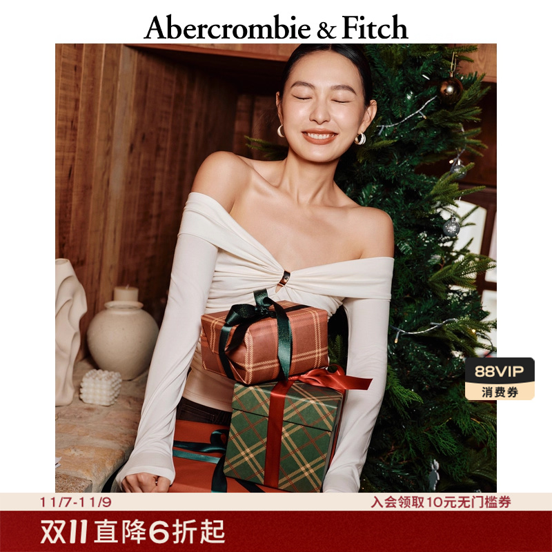 AF女装25秋季新款修身性感辣妹褶皱一字肩露肩长袖T恤139-5664