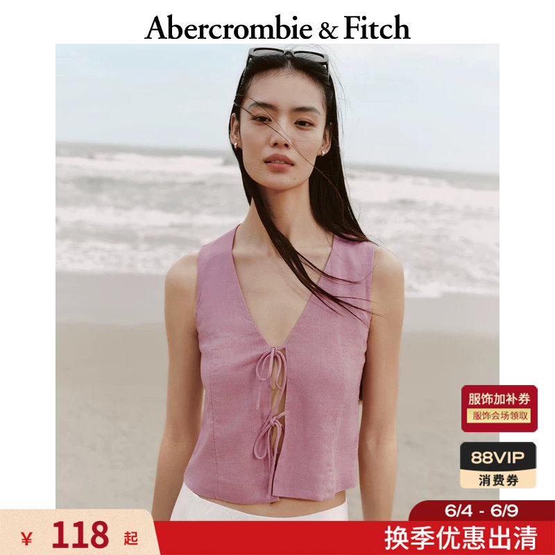 【亚麻混纺】AF女装25夏季美式度假风系结开襟马甲背心140-5179