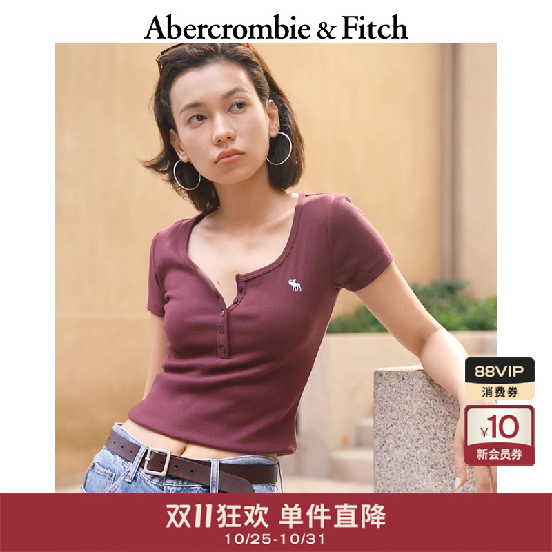 AF经典小麋鹿图案女装25夏季美式亨利领修身短袖T恤139-5704
