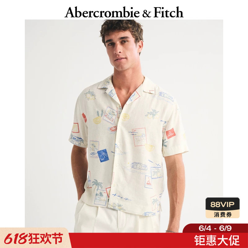 AF美式涂鸦度假风古巴领亚麻混纺短袖衬衫26夏新款男装125-6290