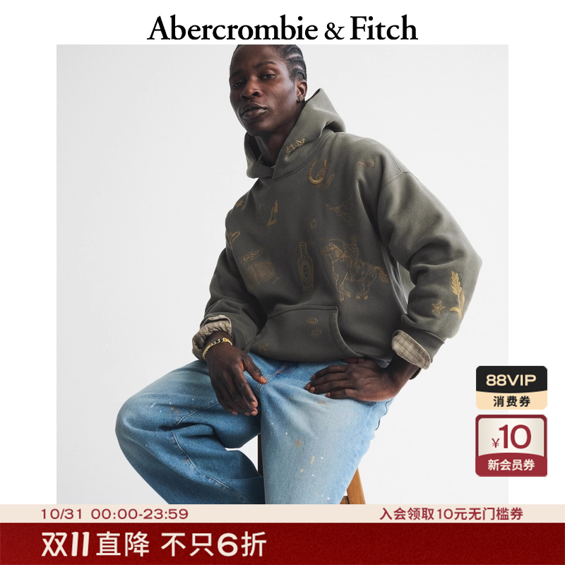 AF男装25秋冬新款美式复古抓绒印花图案宽松套头连帽卫衣122-5805