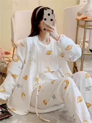 Yuezi clothing autumn and winter cotton postpartum lactation pregnant women's pajamas female spring and autumn air cotton three-piece set 10th 11