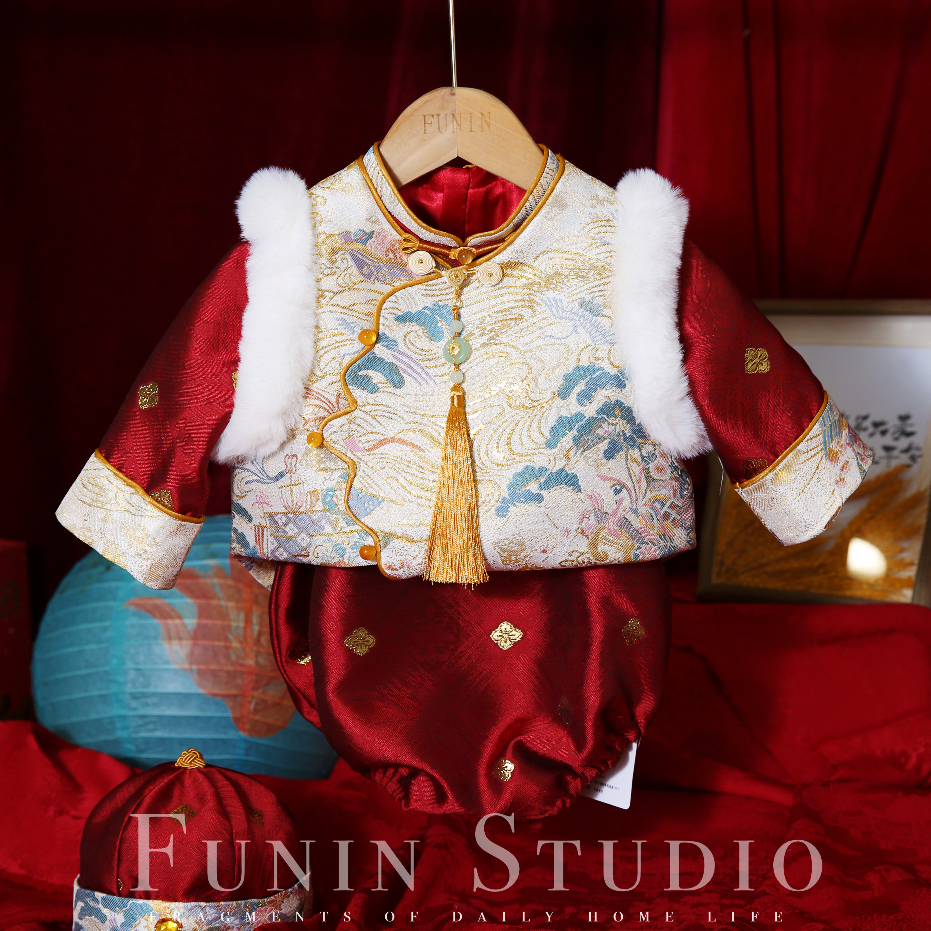 原创设计正版花舟一梦春秋男宝周岁抓周服包屁套装百日宴满月中式