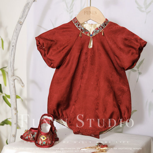 funin真丝红色女宝周岁服龙凤胎