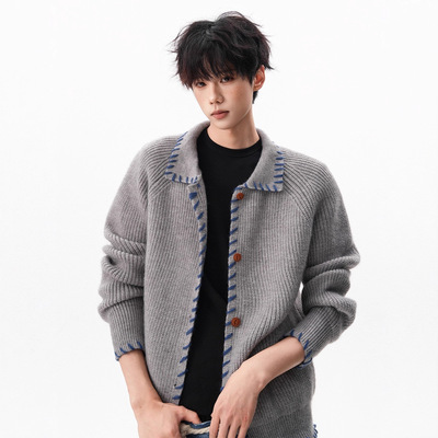 美式慵懒风针织衫男女秋季复古撞色情侣毛衣高街cleanfit开衫外套