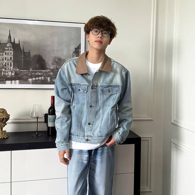 水洗蓝做旧撞色牛仔夹克男款秋季高级感痞帅翻领外套正肩工装上衣