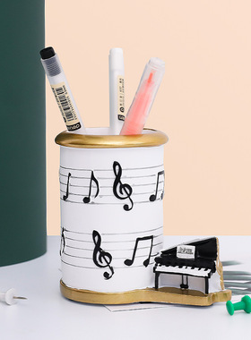 欧式轻奢树脂工艺品音符线钢琴笔筒化妆筒刷创意网红礼品摆件