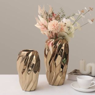 北欧风创意几何螺纹陶瓷花瓶客厅桌面插花装 饰品仿真花花艺小摆件