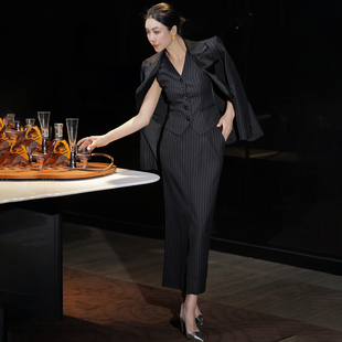 外套马甲开叉半身裙三件套显瘦秋装 高级感商务职业套装 女条纹西装
