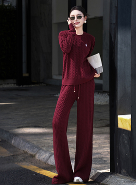 秋冬季慵懒风休闲运动针织套装2025圆领宽松百搭上衣直筒裤两件套