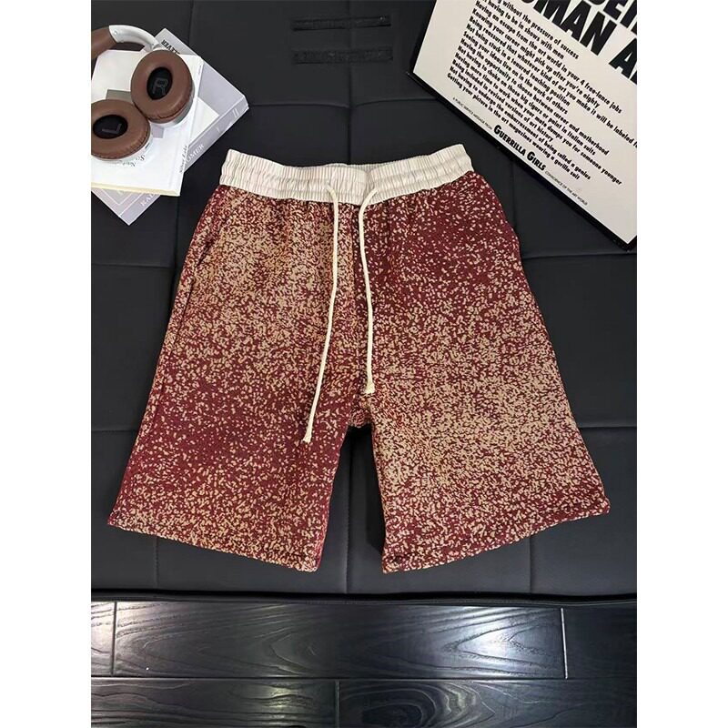 休闲ins慵懒港风红色斑点针织短裤男夏季外穿沙滩裤情侣五分裤