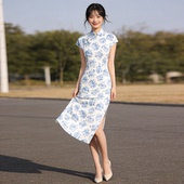 侧开衩日常通勤气质连衣裙 立领短袖 2026新款 青花瓷改良旗袍中长款