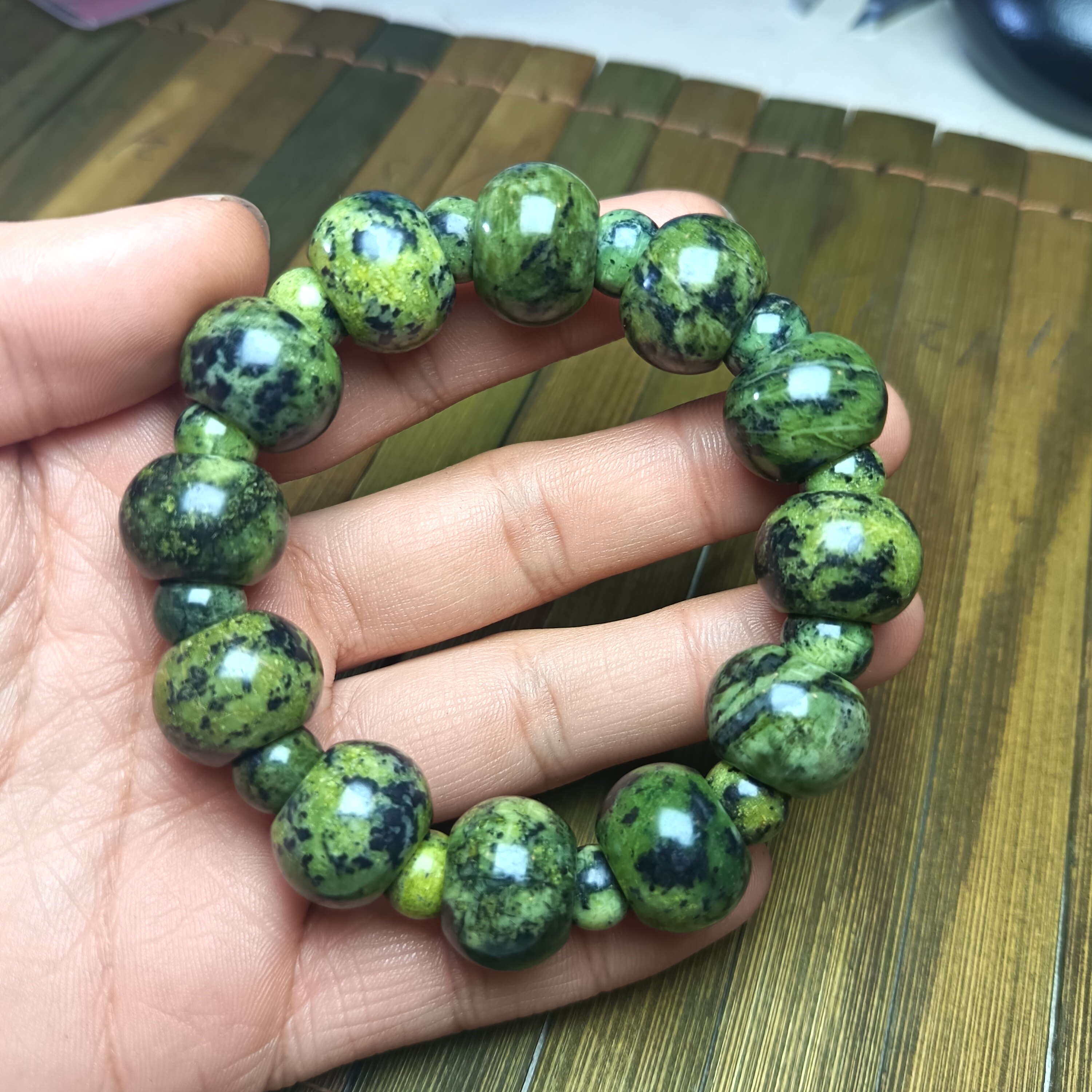 西藏药王石18mm算盘珠手串玉化冰透黄绿养生能量石手链强磁10350