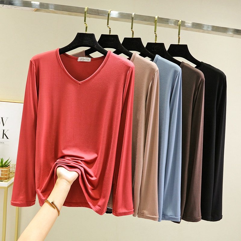 春秋莫代尔长袖T恤女V领秋衣内搭打底衫宽松百搭纯色大码薄款上衣,女装/女士精品,T恤,淘宝优惠券,粉丝福利购,淘宝优惠卷