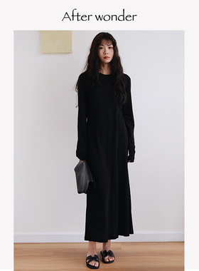 Afterwonder黑色长袖连衣裙Row风修身长裙时髦优雅气质显瘦高级感