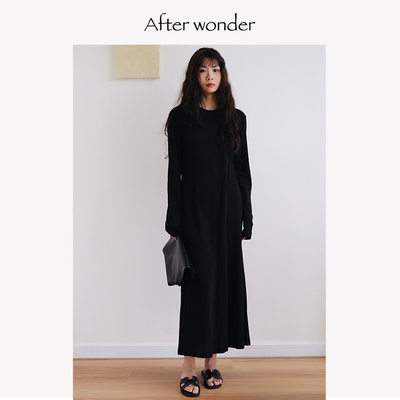 Afterwonder黑色长袖连衣裙Row风修身长裙时髦优雅气质显瘦高级感