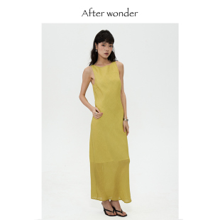 优雅浪漫高级感 长裙斜裁显瘦法式 afterwonder绿色苎麻连衣裙 无袖