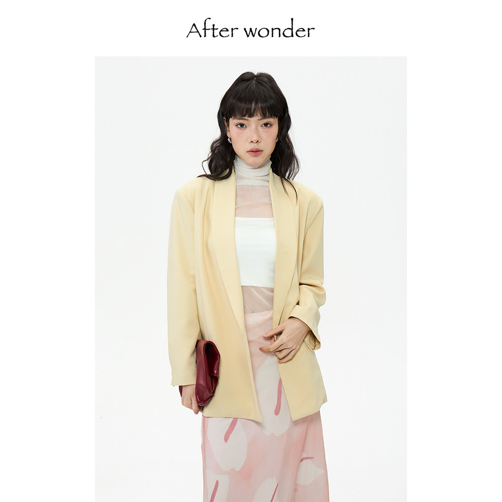 afterwonder诺丁山西装鹅黄 复古休闲宽松外套气质小众设计电影感