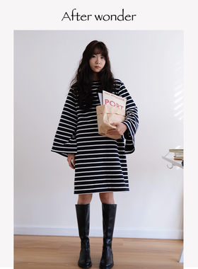 Afterwonder法式条纹连衣裙 一字领长袖纯棉设计感微廓形极简气质