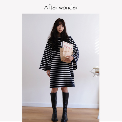 Afterwonder法式条纹连衣裙 一字领长袖纯棉设计感微廓形极简气质