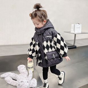 女童棋盘格棉服冬季连帽外套洋气时尚外套棉袄